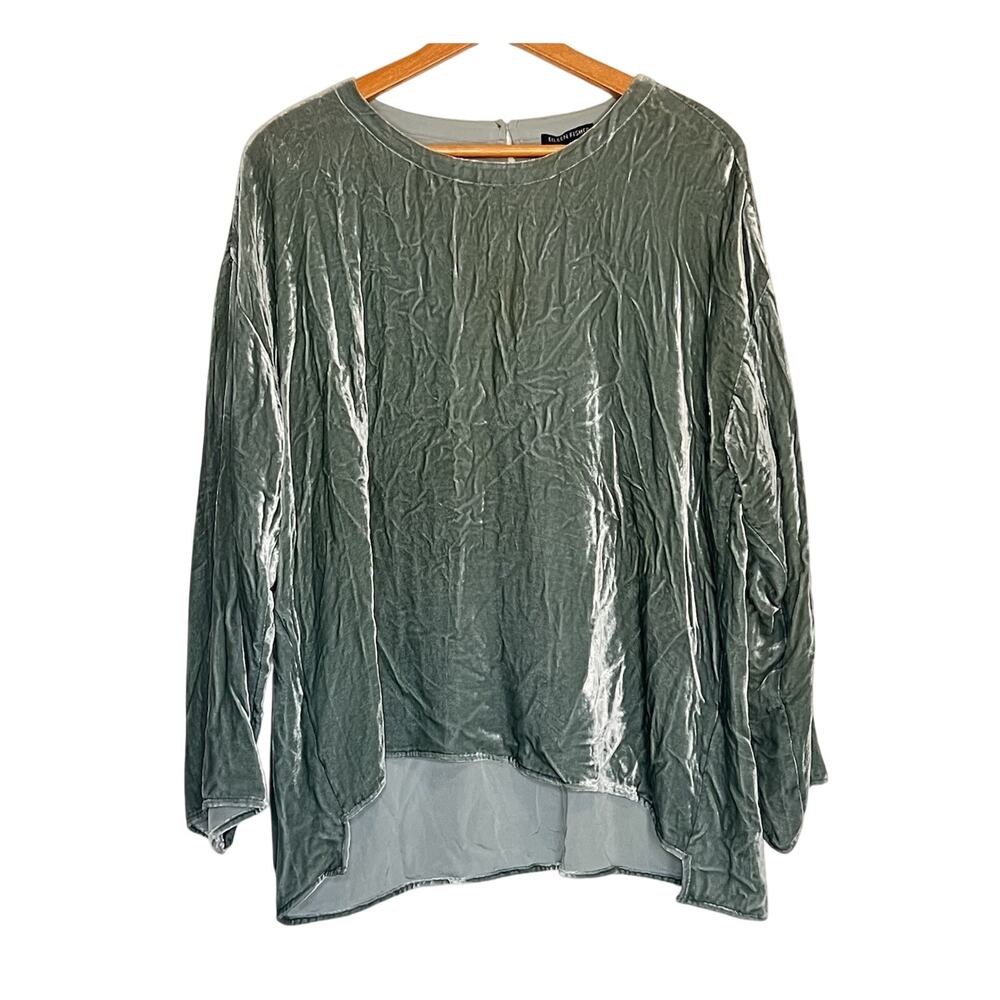 Eileen Fisher Crushed Velvet Top Size L Sage Green Hi-Low Hem Long Sleeve Blouse